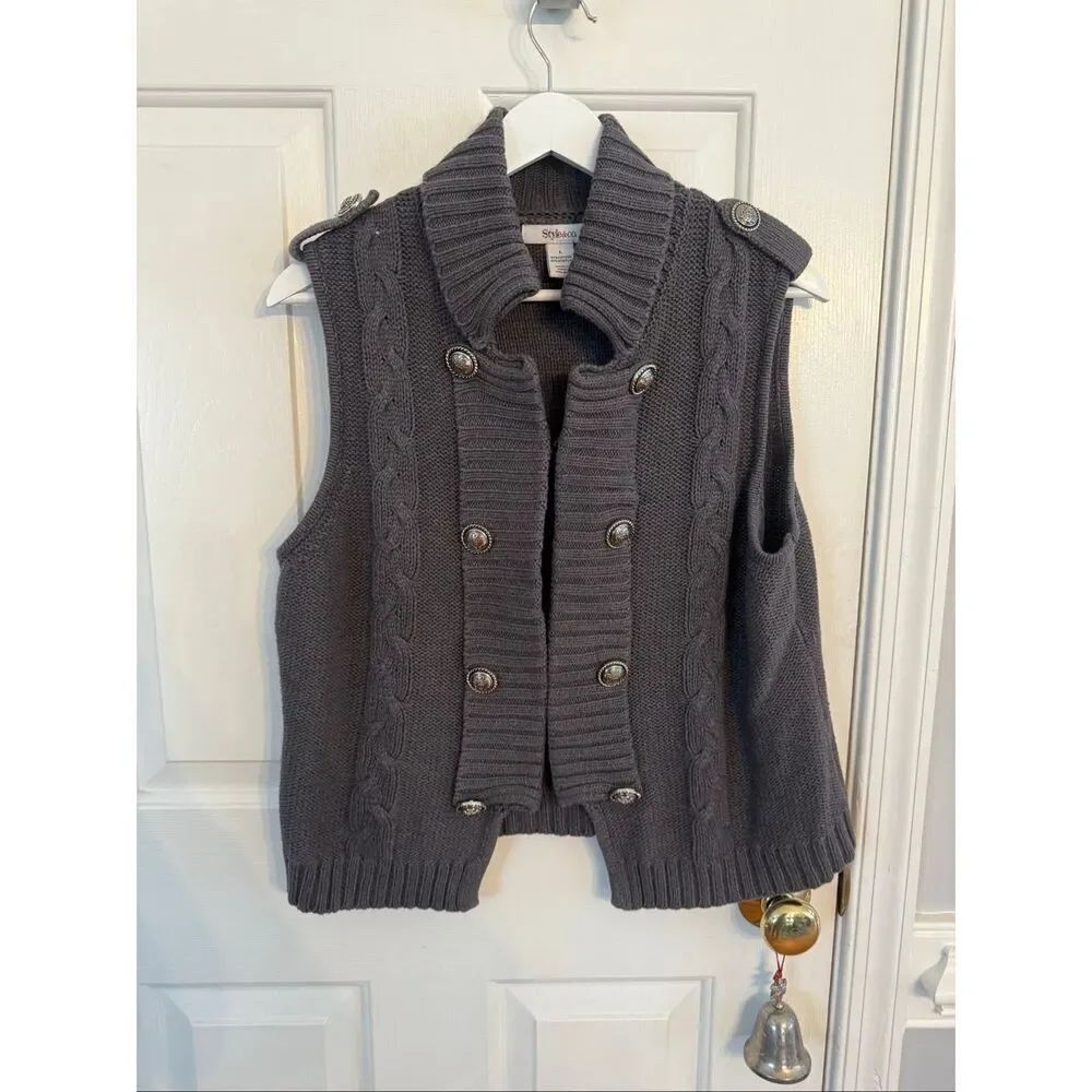 Style & Co. Gray Military Style Sweater Vest sz L EUC